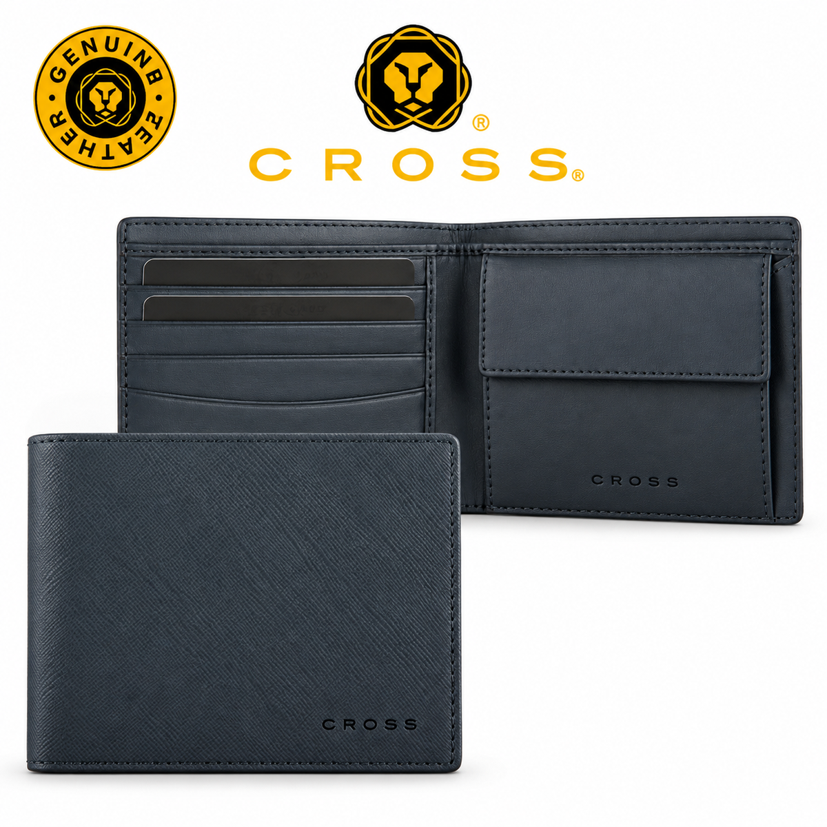 Cross Saffiano Leather 4CC Bifold Wallet with Coin Pocket - Navy Blue