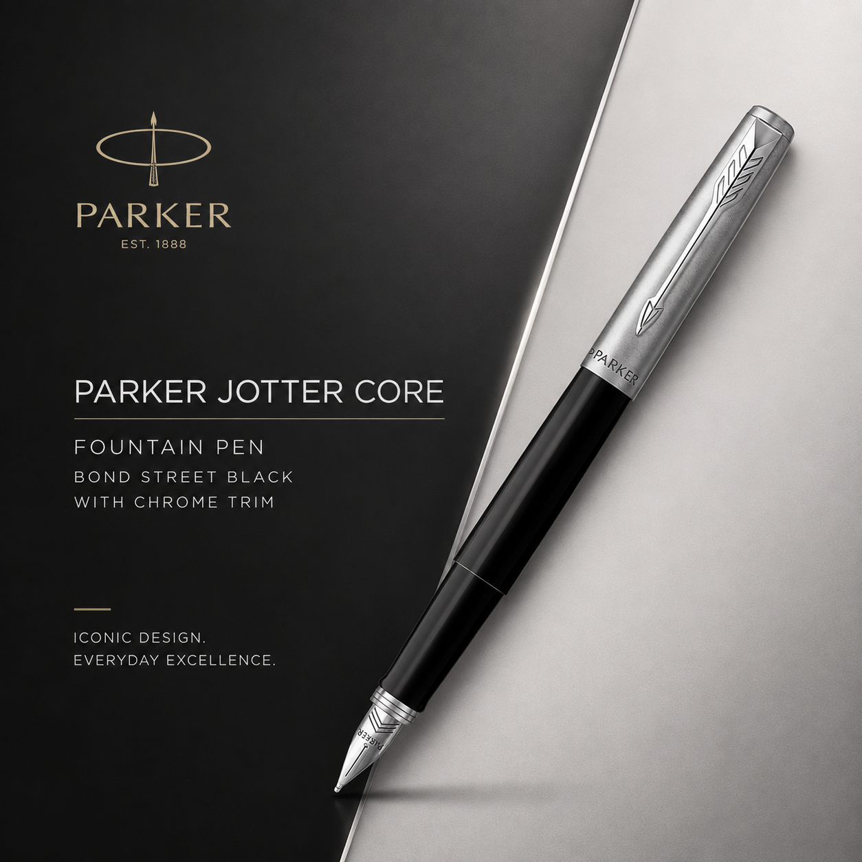 Parker Jotter Core Fountain Pen – Bond Street Black with Chrome Trim | Premium Fountain Pen