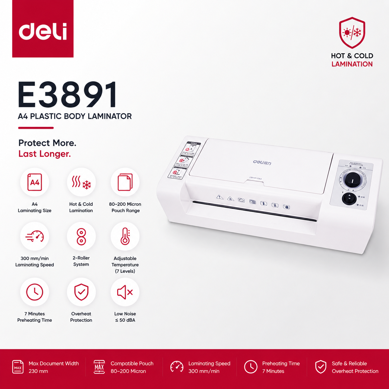Deli E3891 A4 Hot & Cold Laminator – 80–200 Micron | 2-Roller | 300mm/min