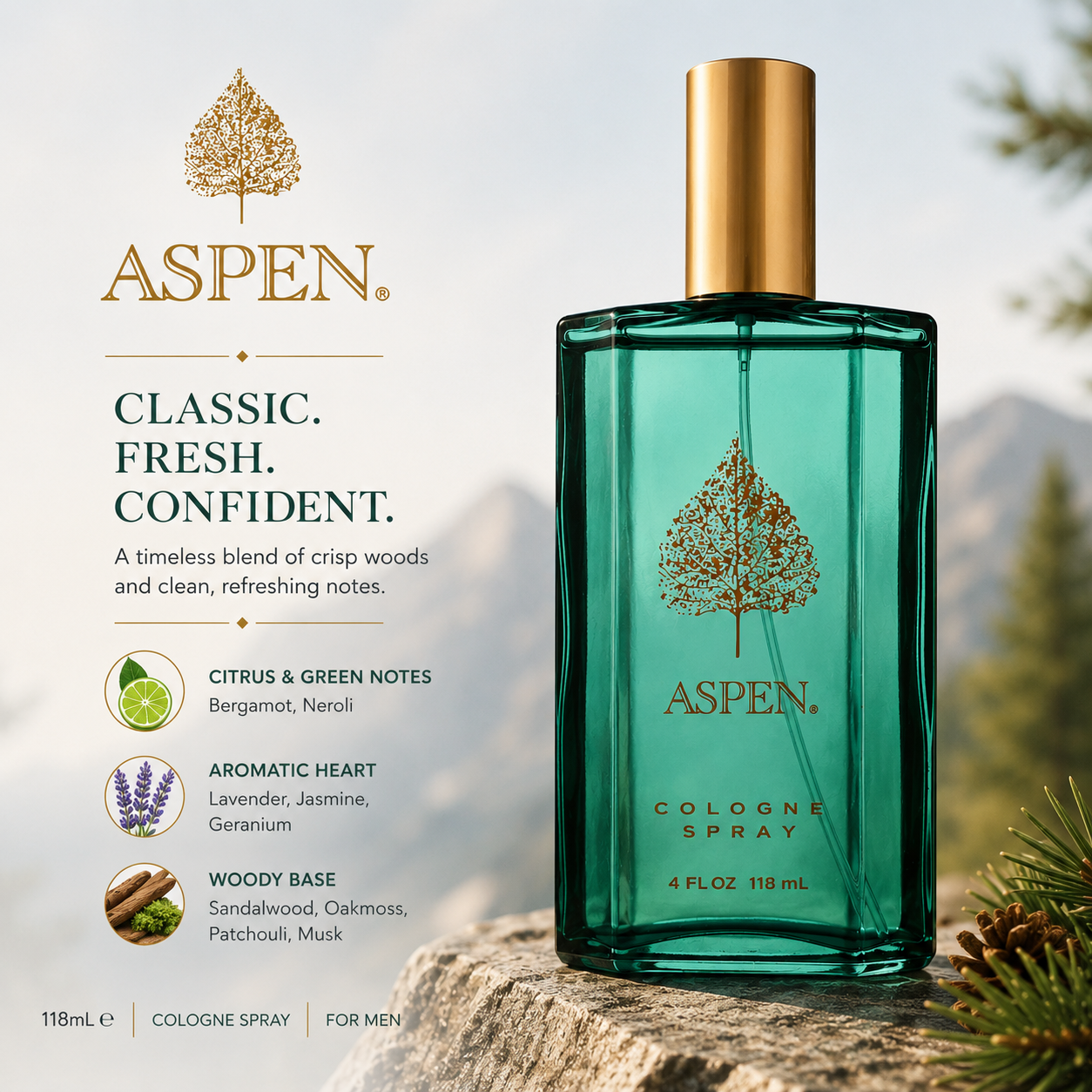 Coty Aspen cologne spray for men 118ml, fresh fragrance bottle
