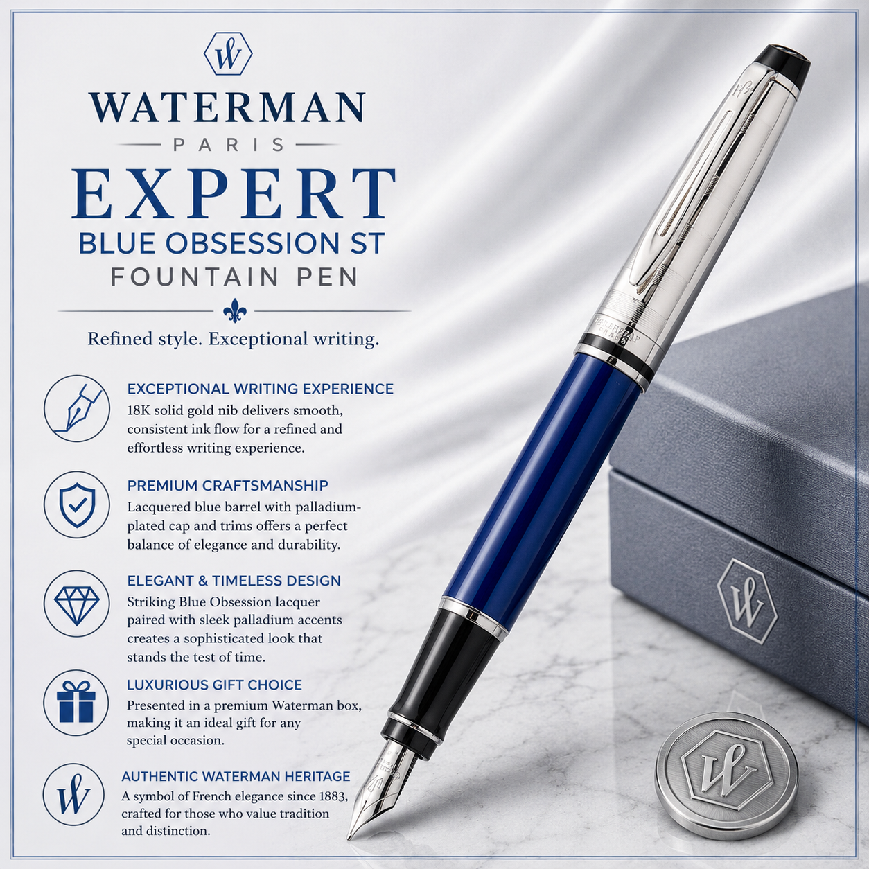 Waterman Expert Blue Obsession ST Fountain Pen – Premium Writing Instrument