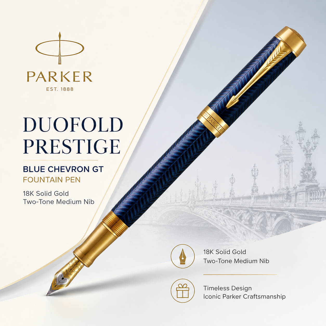 Parker Duofold Prestige Blue Chevron GT Fountain Pen – 18K Solid Gold Two-Tone Medium Nib