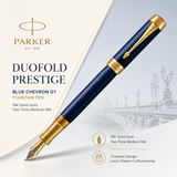 Parker Duofold Prestige Blue Chevron GT Fountain Pen – 18K Solid Gold Two-Tone Medium Nib