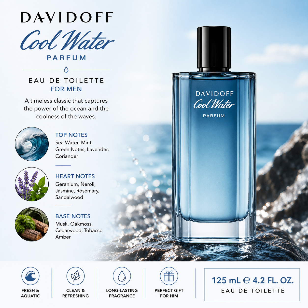 Davidoff Cool Water EDT for Men 125ml – Fresh Aquatic Fragrance