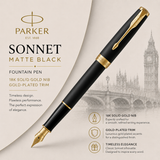Parker Sonnet Matte Black Lacquer GT Fountain Pen – 18K Solid Gold Nib & Gold-Plated Trim