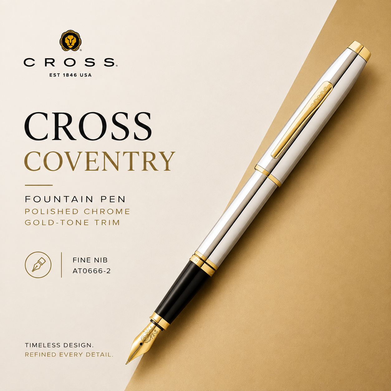 Cross Coventry Polished Chrome Fountain Pen with Gold-Tone Trim – Fine Nib | AT0666-2