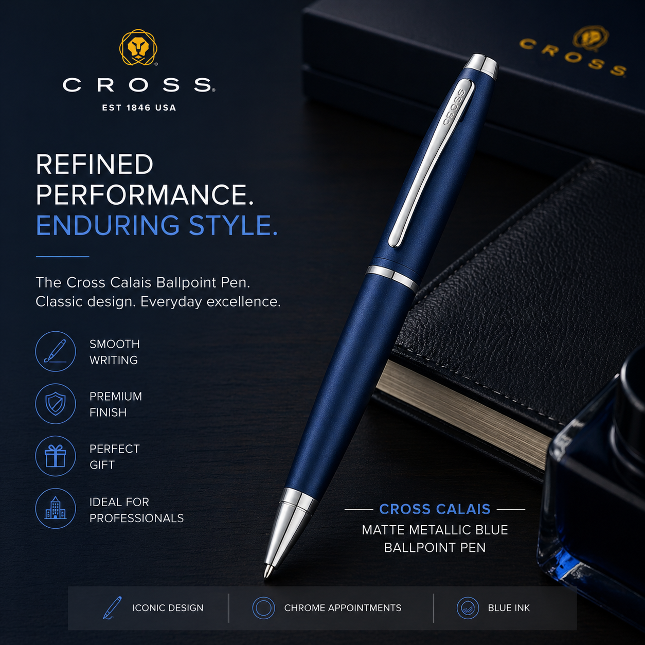 Cross Calais Matte Metallic Blue with Polished Chrome Appointments Ballpoint Pen (Blue Ink)