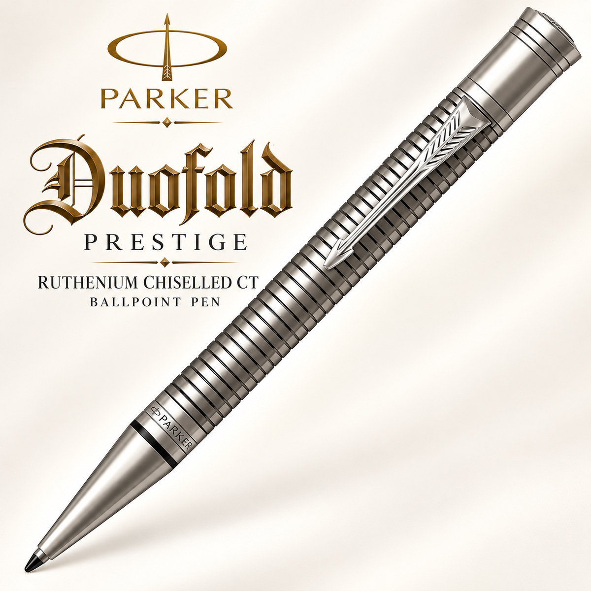 Parker Duofold Prestige Ruthenium Chiselled CT Ballpoint Pen – Ruthenium-Plated with Palladium Trim