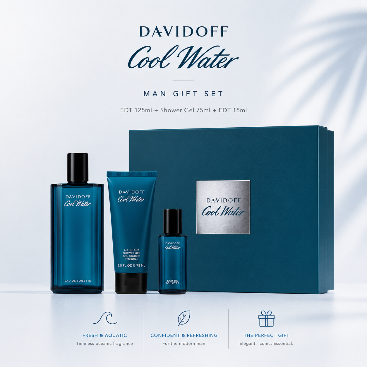 Davidoff Cool Water Man Gift Set – EDT 125ml + Shower Gel 75ml + EDT 15ml