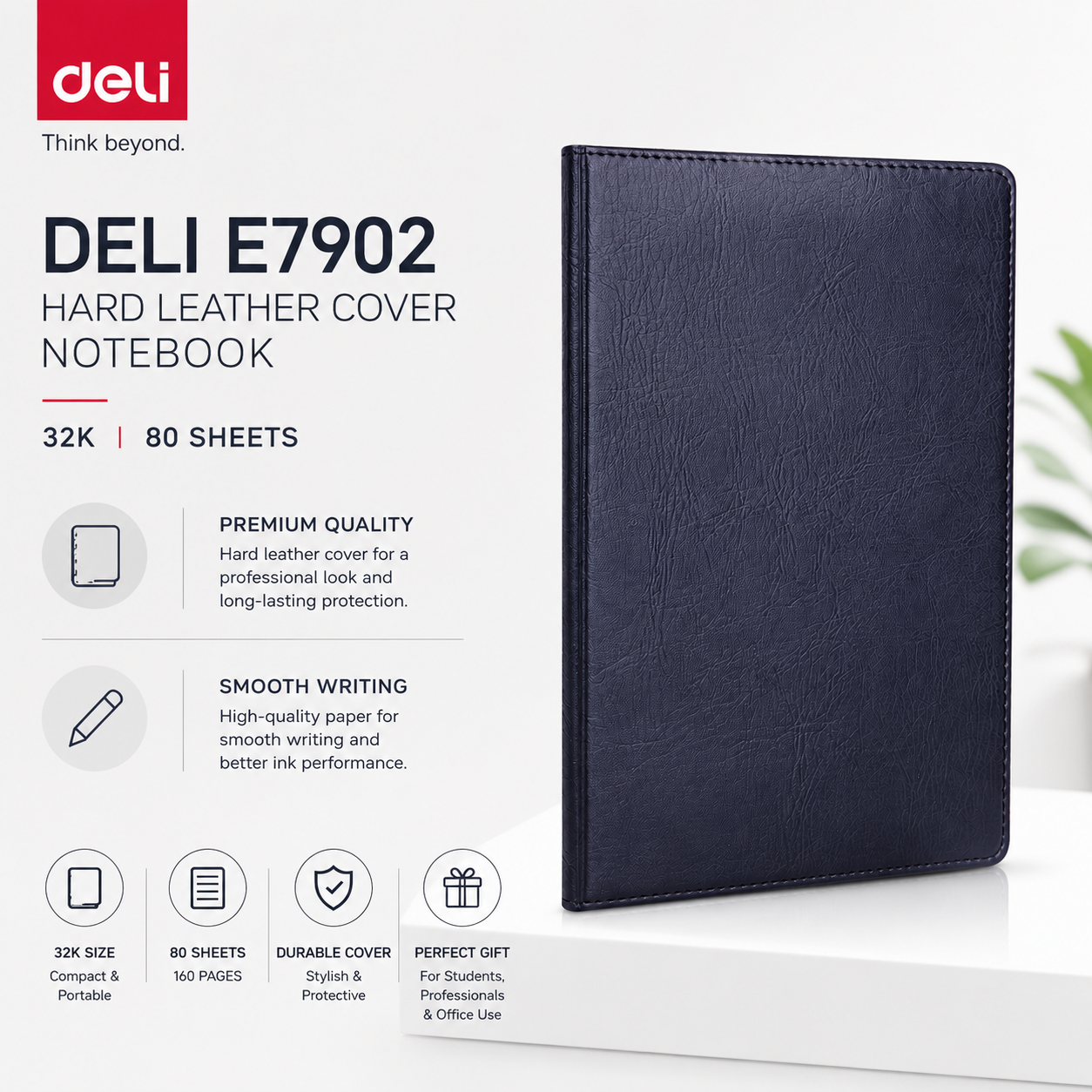 Deli E7902 Hard Leather Cover 32K Notebook – 80 Sheets