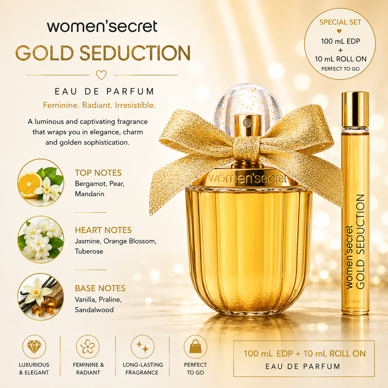 Women Secret Gold Seduction Edp 100Ml + Roll On 10Ml