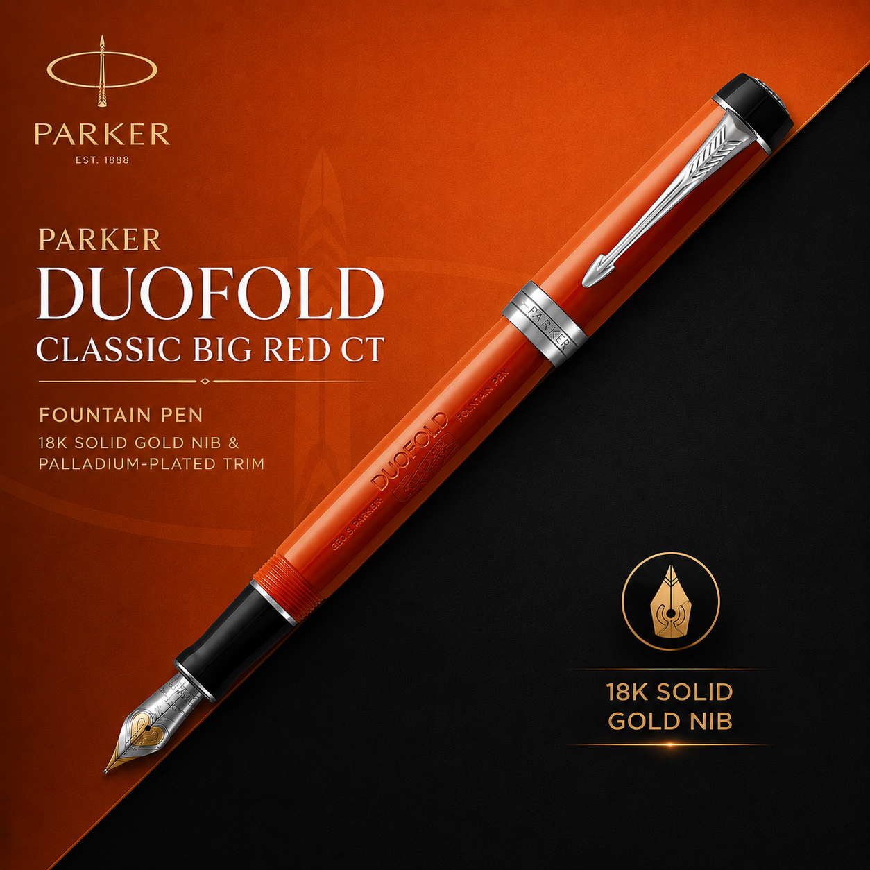 Parker Duofold Classic Big Red CT Fountain Pen - 18K Solid Gold Nib & Palladium-Plated Trim