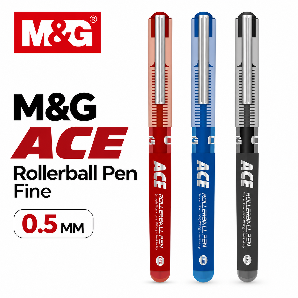 M&G ACE Rollerball Pen 50174 – 0.5mm Fine Point (Blue / Black)