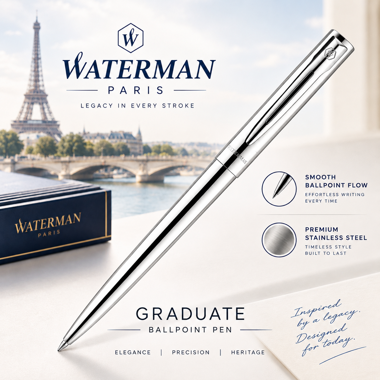 Waterman Graduate Ballpoint Pen – Brushed Stainless Steel | Medium Point | Blue Ink