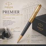 Parker Premier Custom Storm Grey GT Ballpoint Pen | Luxury Gold Trim Writing Instrument