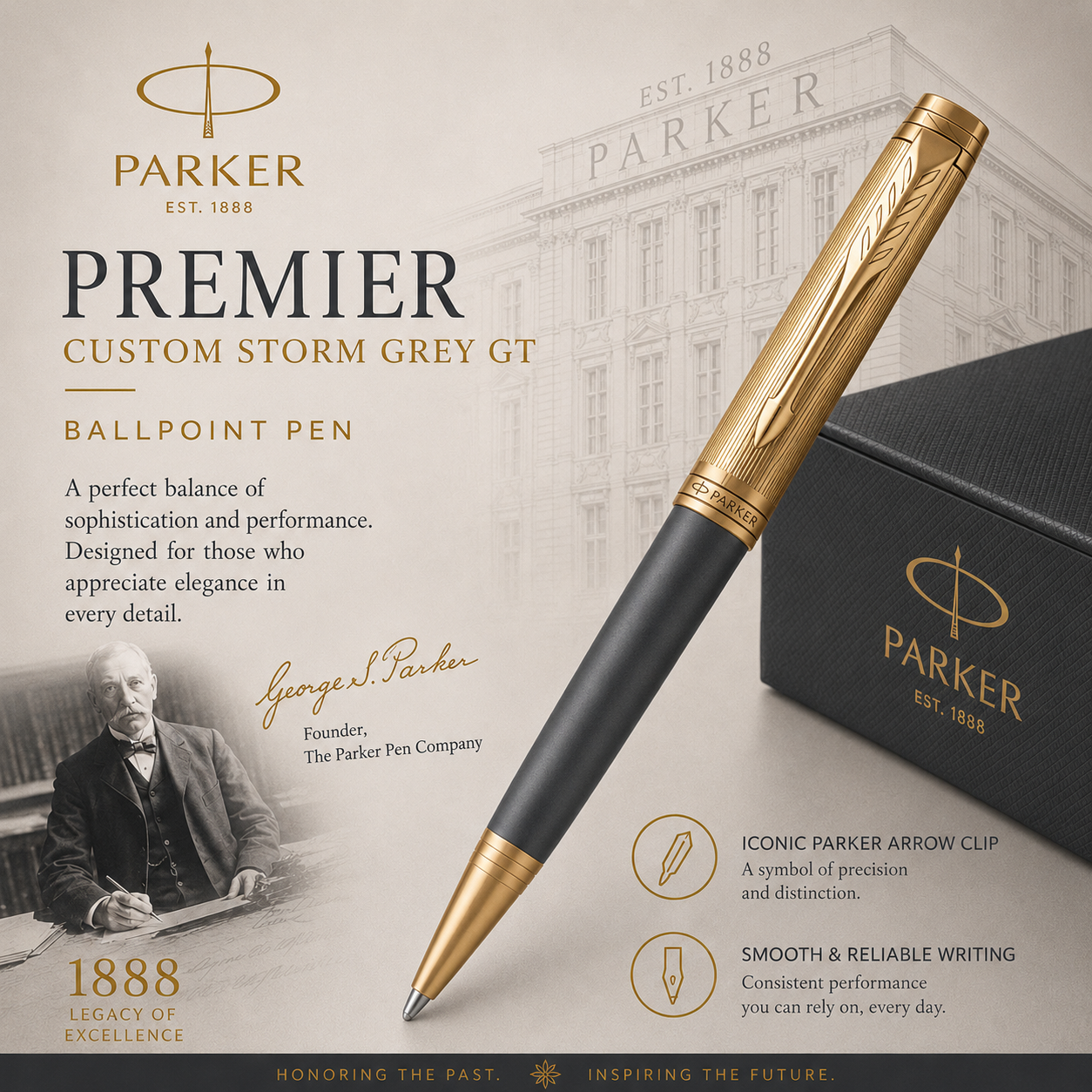 Parker Premier Custom Storm Grey GT Ballpoint Pen | Luxury Gold Trim Writing Instrument