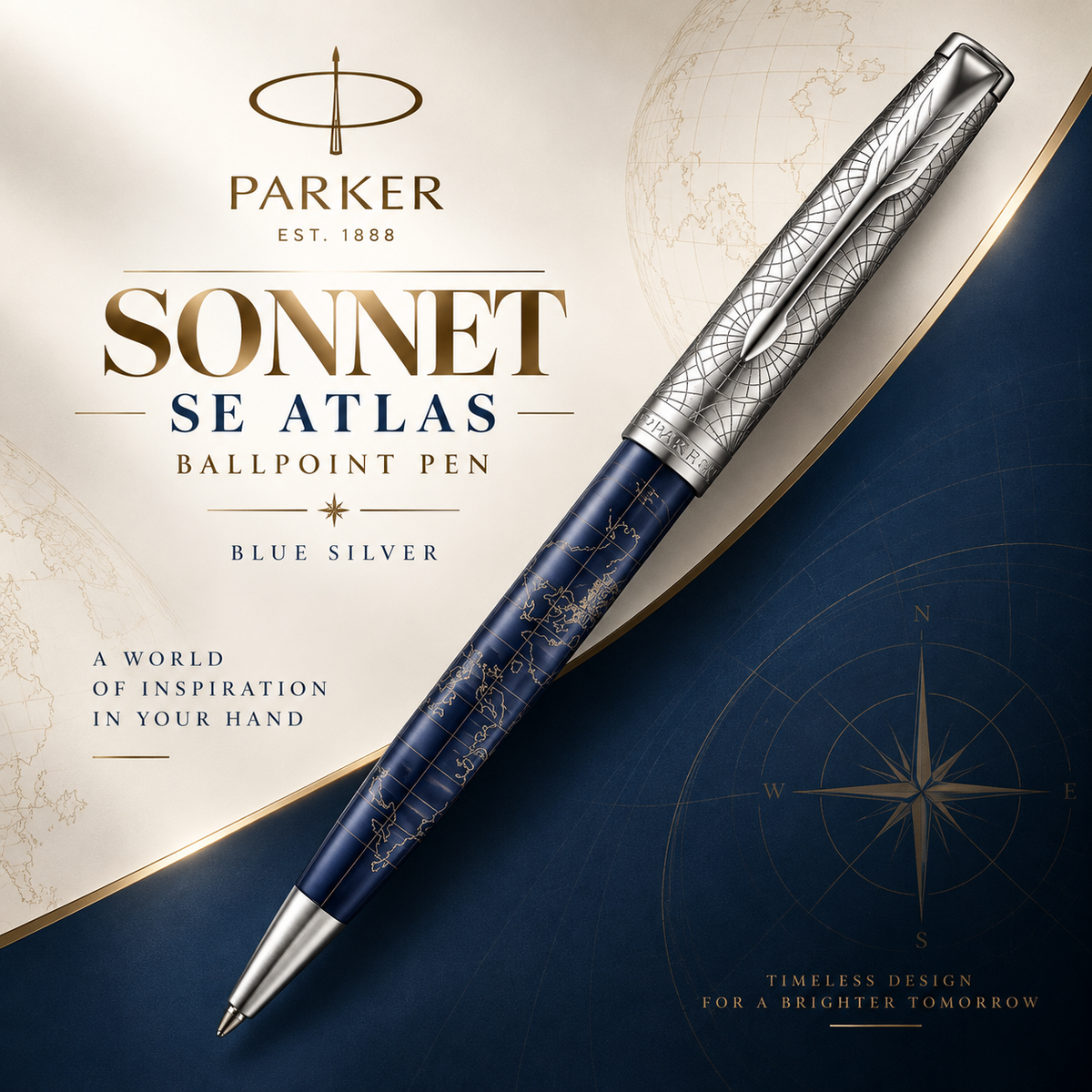 Parker Sonnet SE Atlas Ballpoint Pen – Blue Silver | 18K Gold Nib (Medium)