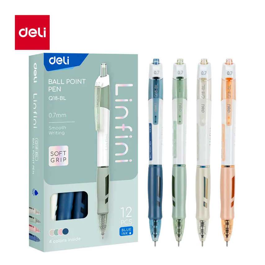 Deli Linfini Ballpoint Pen – 0.7mm | 4 Assorted Barrel Colours (Blue & Black Ink)