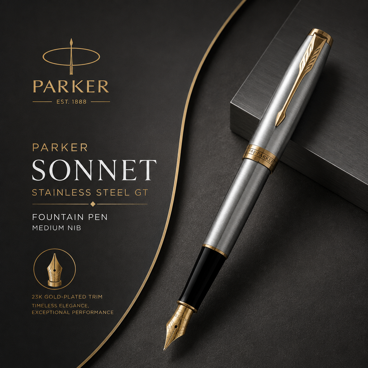 Parker Sonnet Stainless Steel GT Fountain Pen – Medium Nib & 23K Gold-Plated Trim