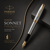Parker Sonnet Stainless Steel GT Fountain Pen – Medium Nib & 23K Gold-Plated Trim