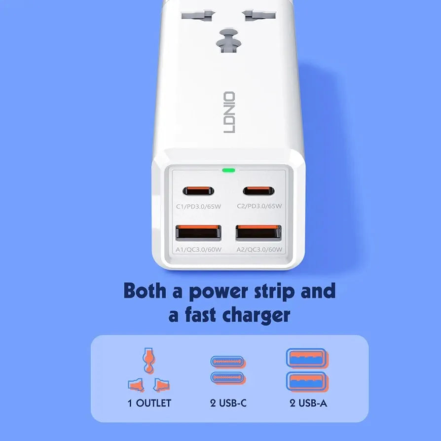 LDNIO Desktop Power Strip – 1 AC Outlet, 2 USB-A, 2 USB-C, 2500W (White)