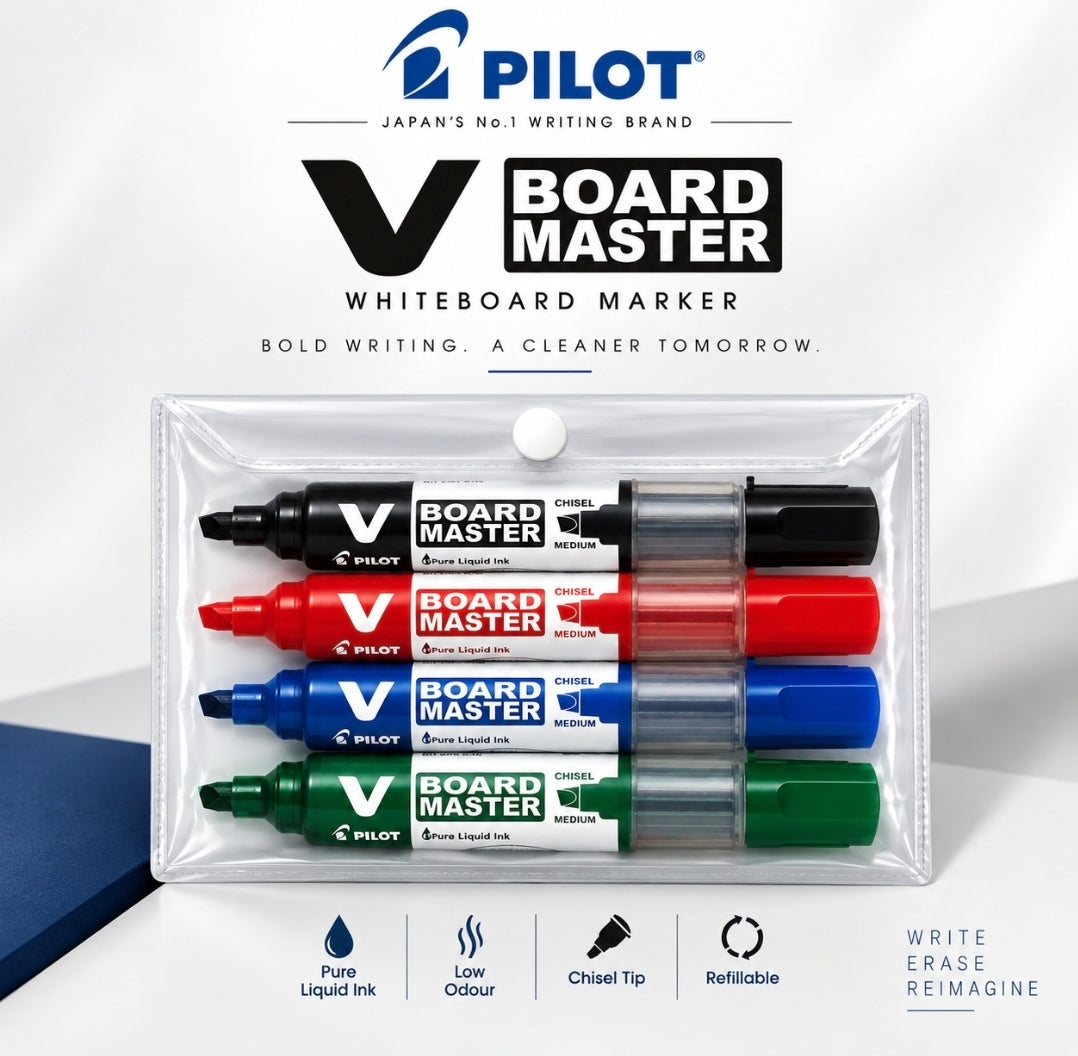 Pilot V Board Master Whiteboard Marker Set – 4 Colors (Chisel & Round Tip)