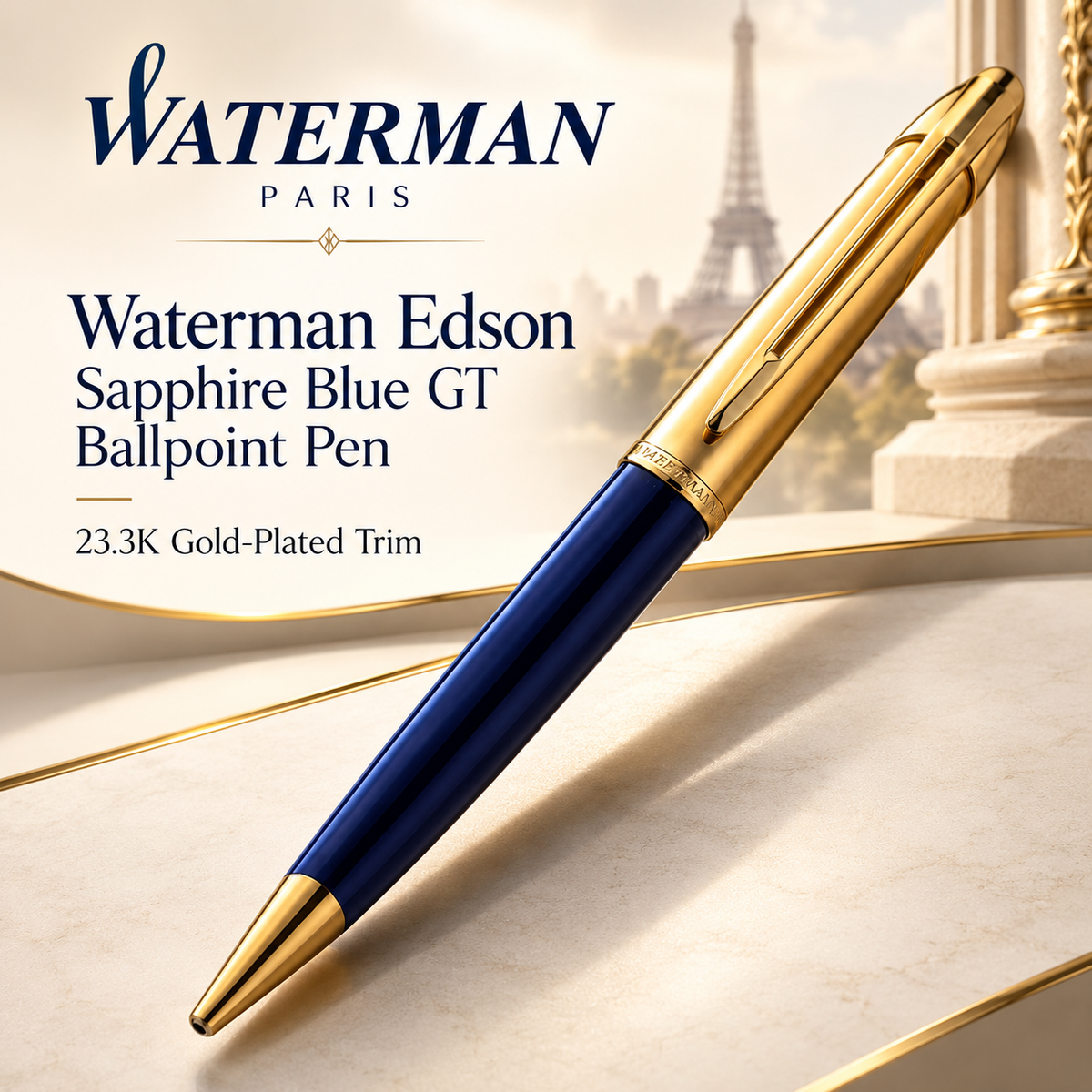 Waterman Edson Sapphire Blue GT Ballpoint Pen – 23.3K Gold-Plated Trim | Made in France
