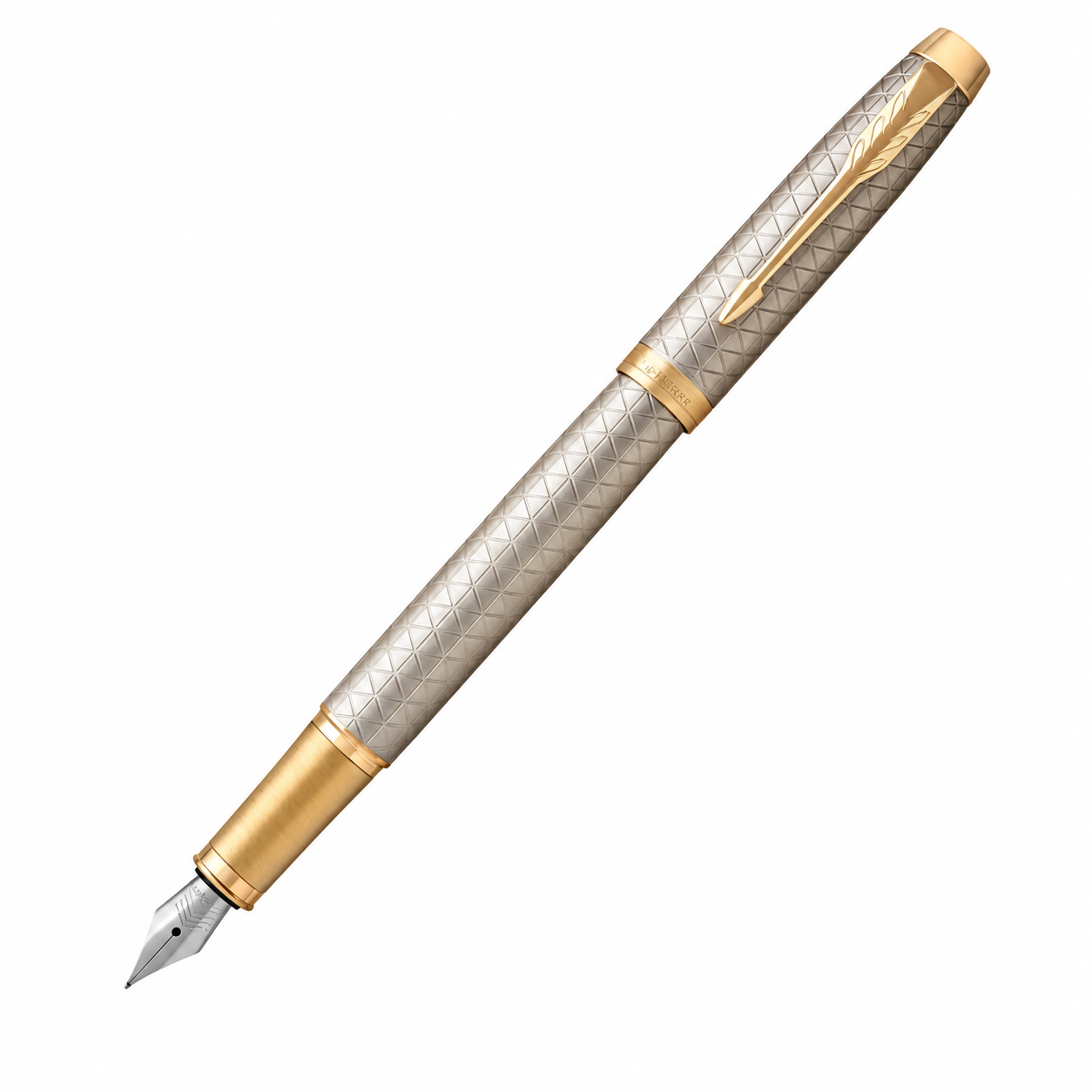 Parker IM Premium Fountain Pen – Warm Silver Champagne Diamond Pattern Gold Trim