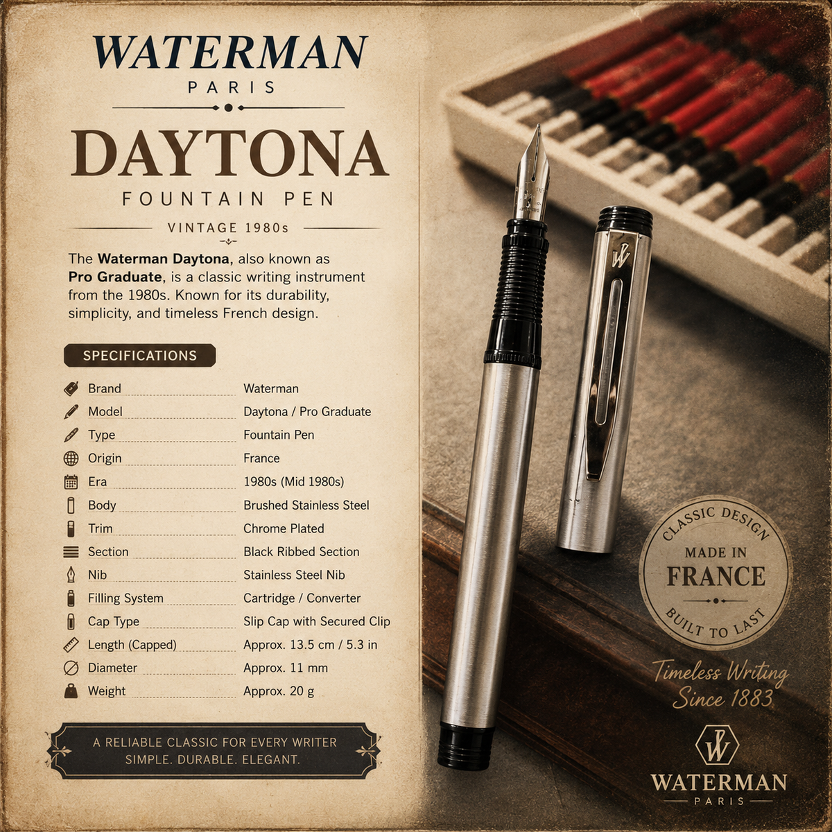 Waterman Daytona Vintage Fountain Pen – Brushed Stainless Steel | Chrome Trim
