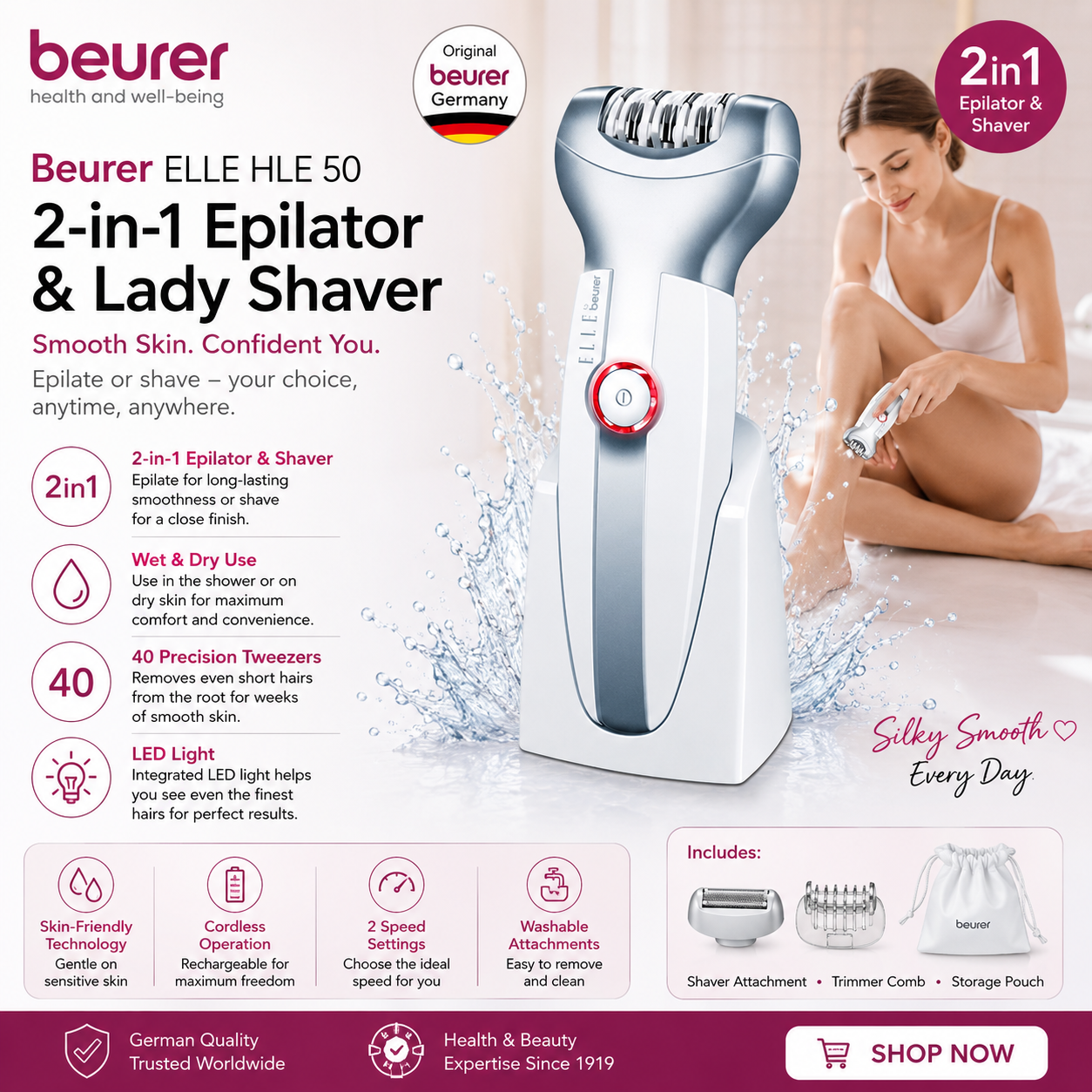 Beurer ELLE HLE 50 2-in-1 epilator and lady shaver, cordless hair removal device