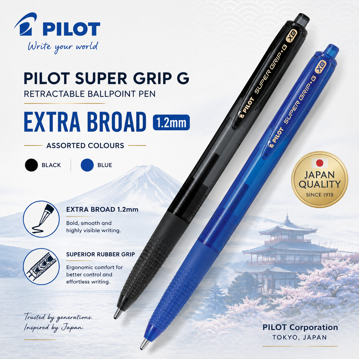 Pilot Super Grip G Retractable Ballpoint Pen – Extra Broad 1.2mm (Black & Blue)