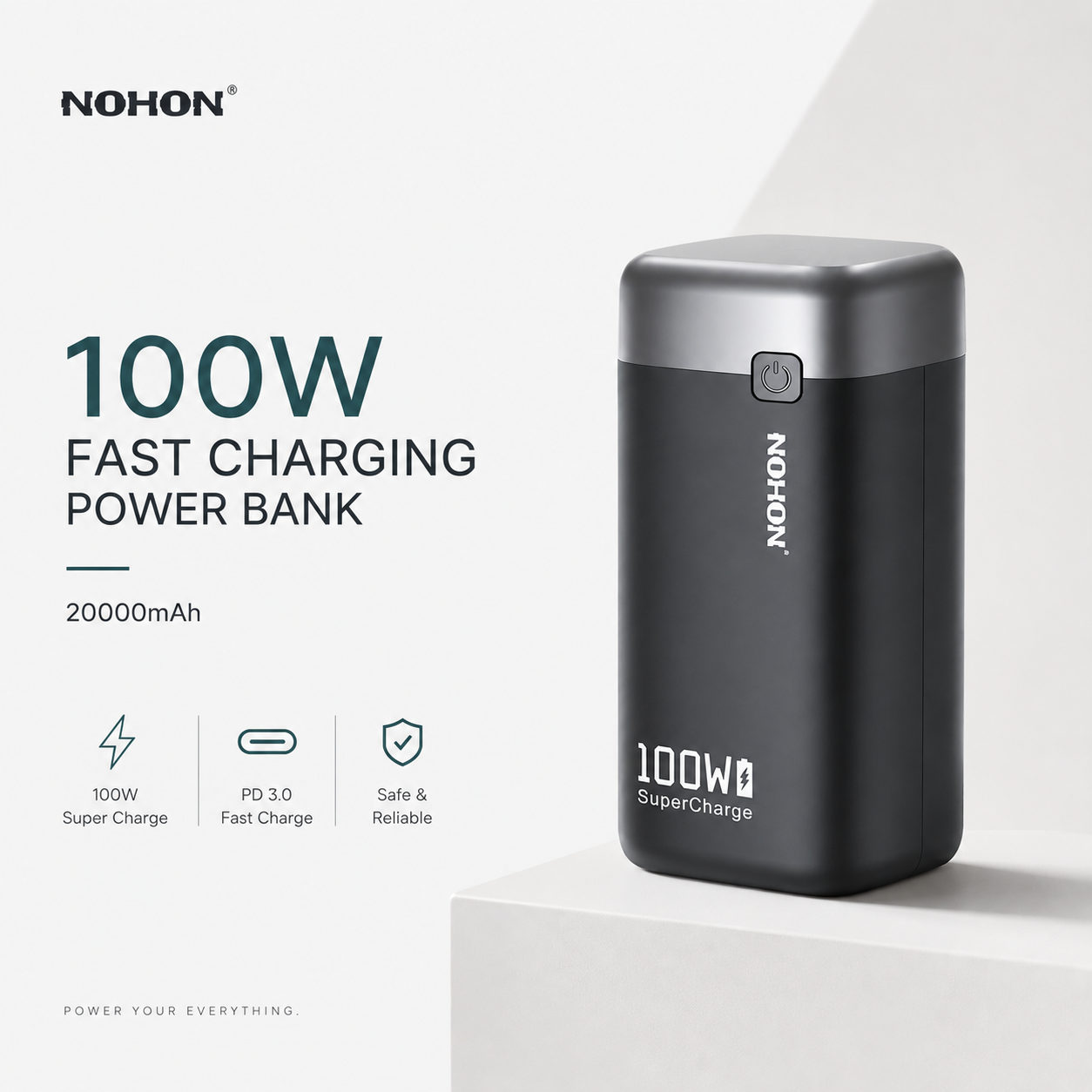 NOHON 100W Fast Charging Power Bank 20000mAh – PD 3.0 QC 3.0 Laptop Compatible Portable Charger