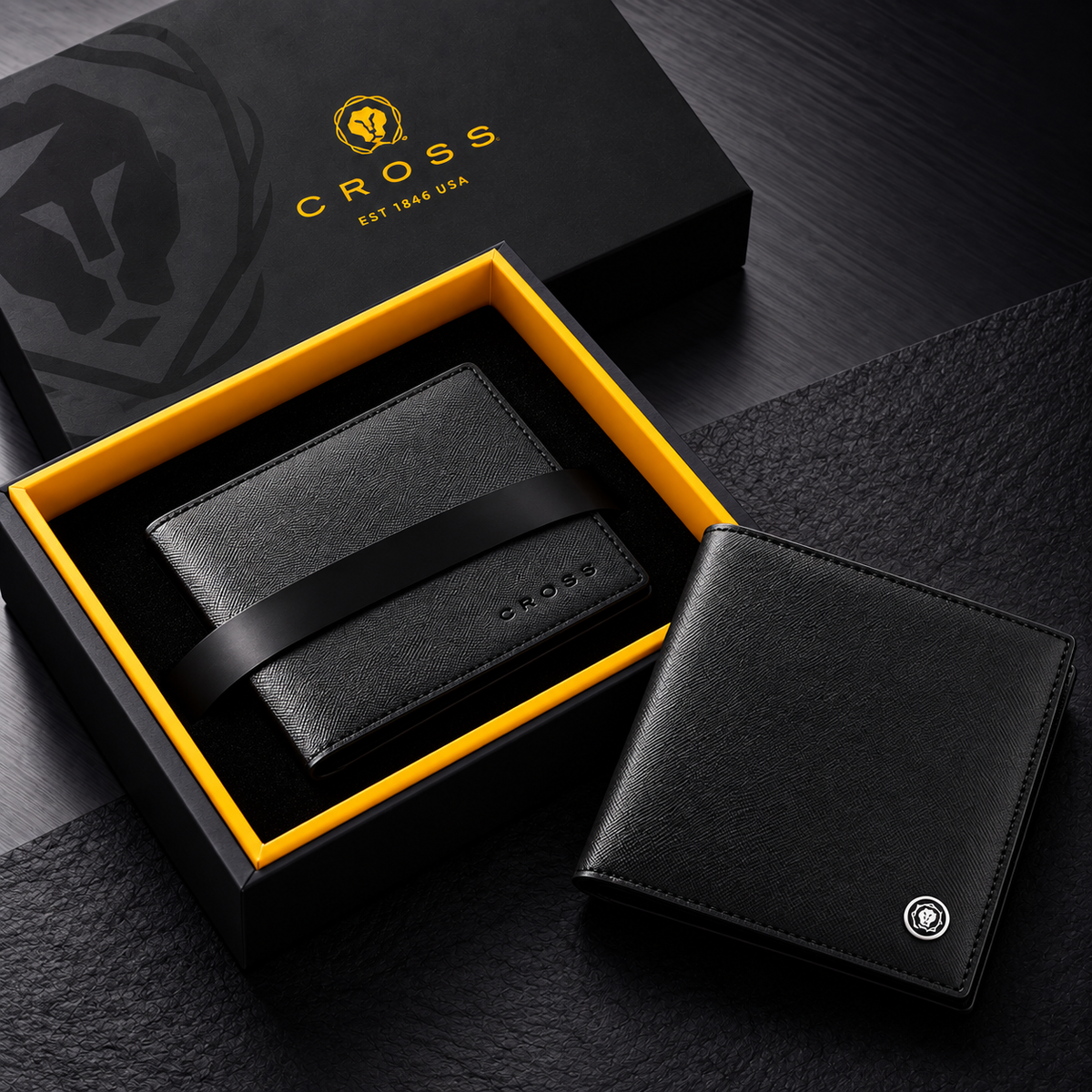 CROSS 2-Piece Gift Set – Soft Grain Leather Business Card Case & Saffiano Leather 8CC Slim Bifold Wallet – Black