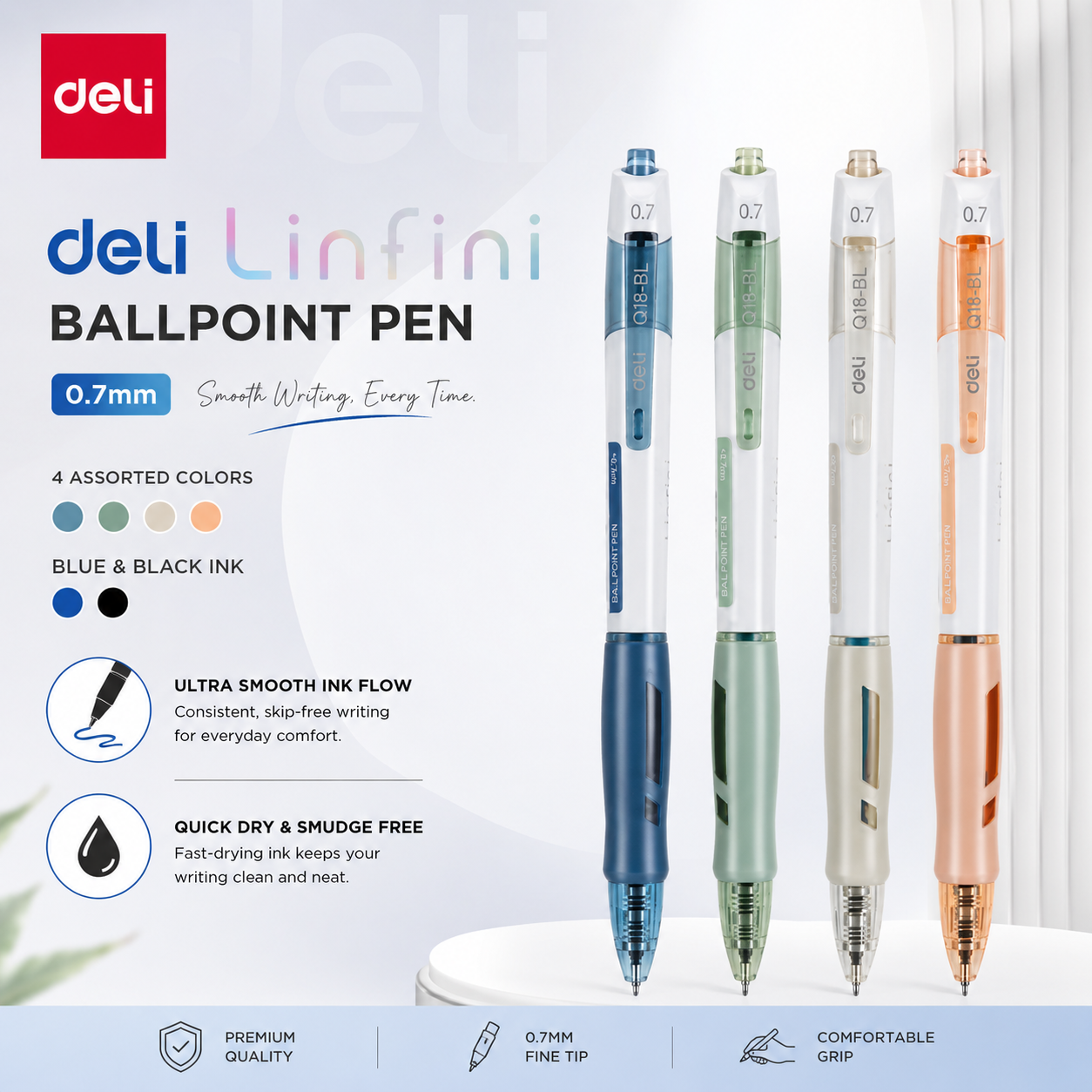 Deli Infini Ballpoint Pen – 0.7mm | 4 Assorted Barrel Colours (Blue & Black Ink)