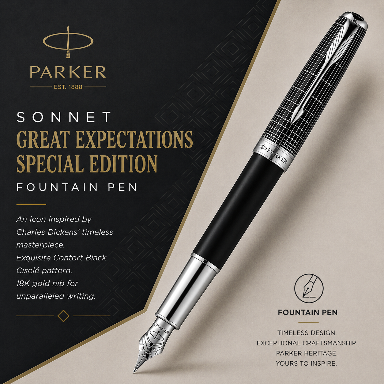 Parker Sonnet Great Expectations Special Edition Contort Black Ciselé CT Fountain Pen – 18K Gold Nib