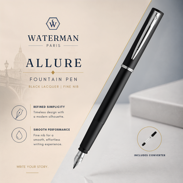 Waterman Allure Fountain Pen | Black Lacquer | Fine Nib | Blue Ink