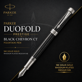 Parker Duofold Prestige Black Chevron CT Fountain Pen - 18K Solid Gold Rhodium-Plated Medium Nib