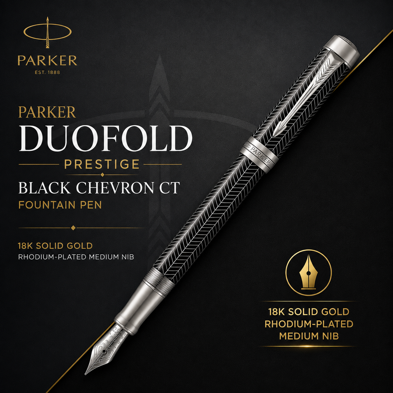 Parker Duofold Prestige Black Chevron CT Fountain Pen - 18K Solid Gold Rhodium-Plated Medium Nib