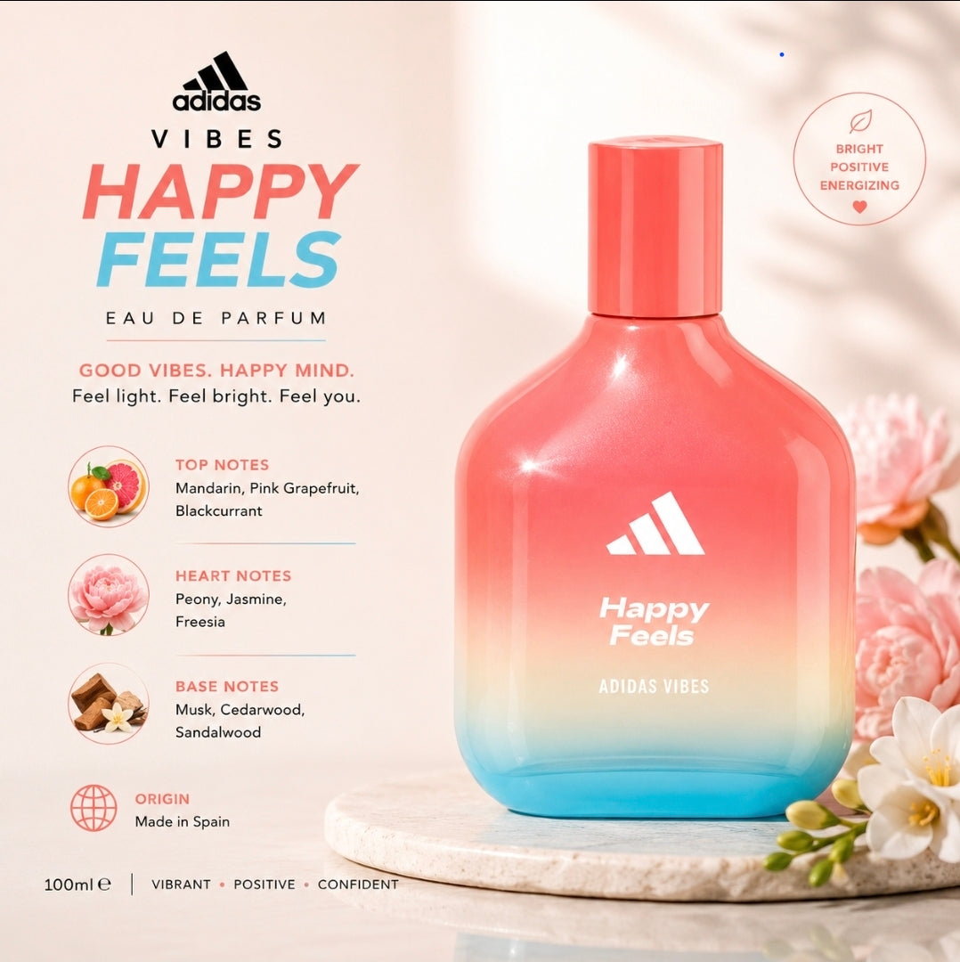 Adidas Vibes Happy Feels EDP 100ml, unisex fragrance bottle