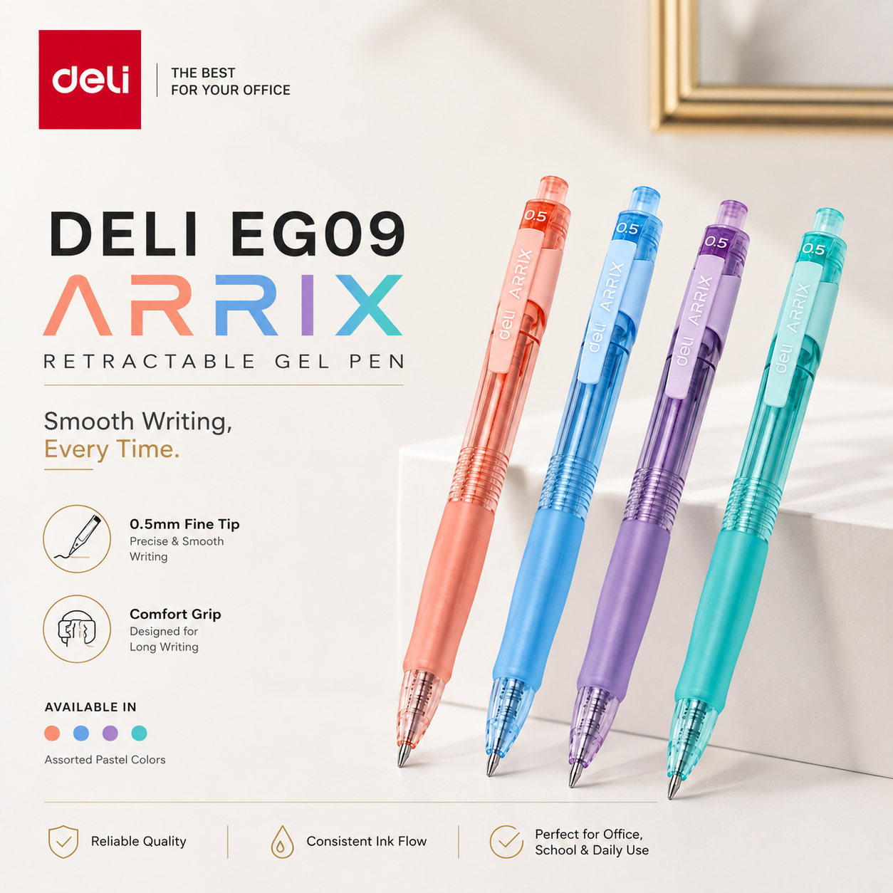 Deli EG09 Arrix Retractable Gel Pen – 0.5mm (Assorted Body Colours)