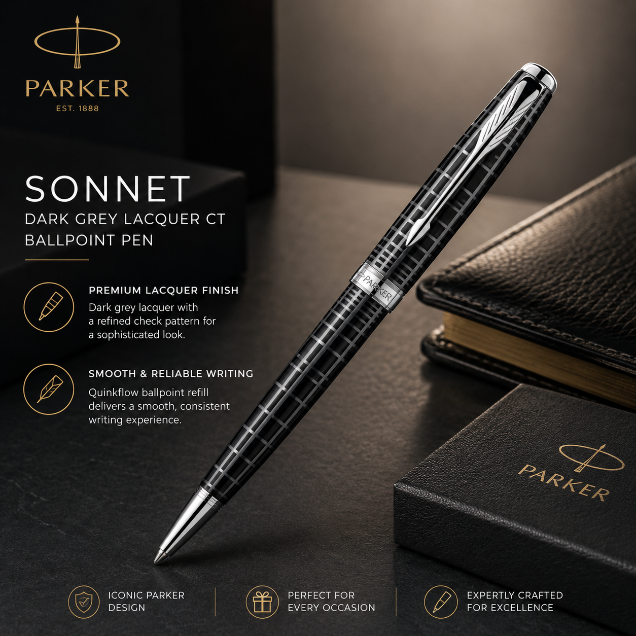 Parker Sonnet Dark Grey Lacquer CT Ballpoint Pen – Chrome Trim Luxury Pen
