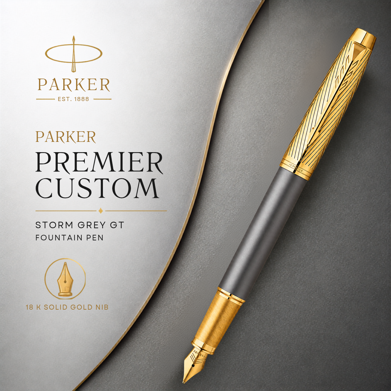 Parker Premier Custom Storm Grey GT Fountain Pen | 18 K Solid Gold Nib