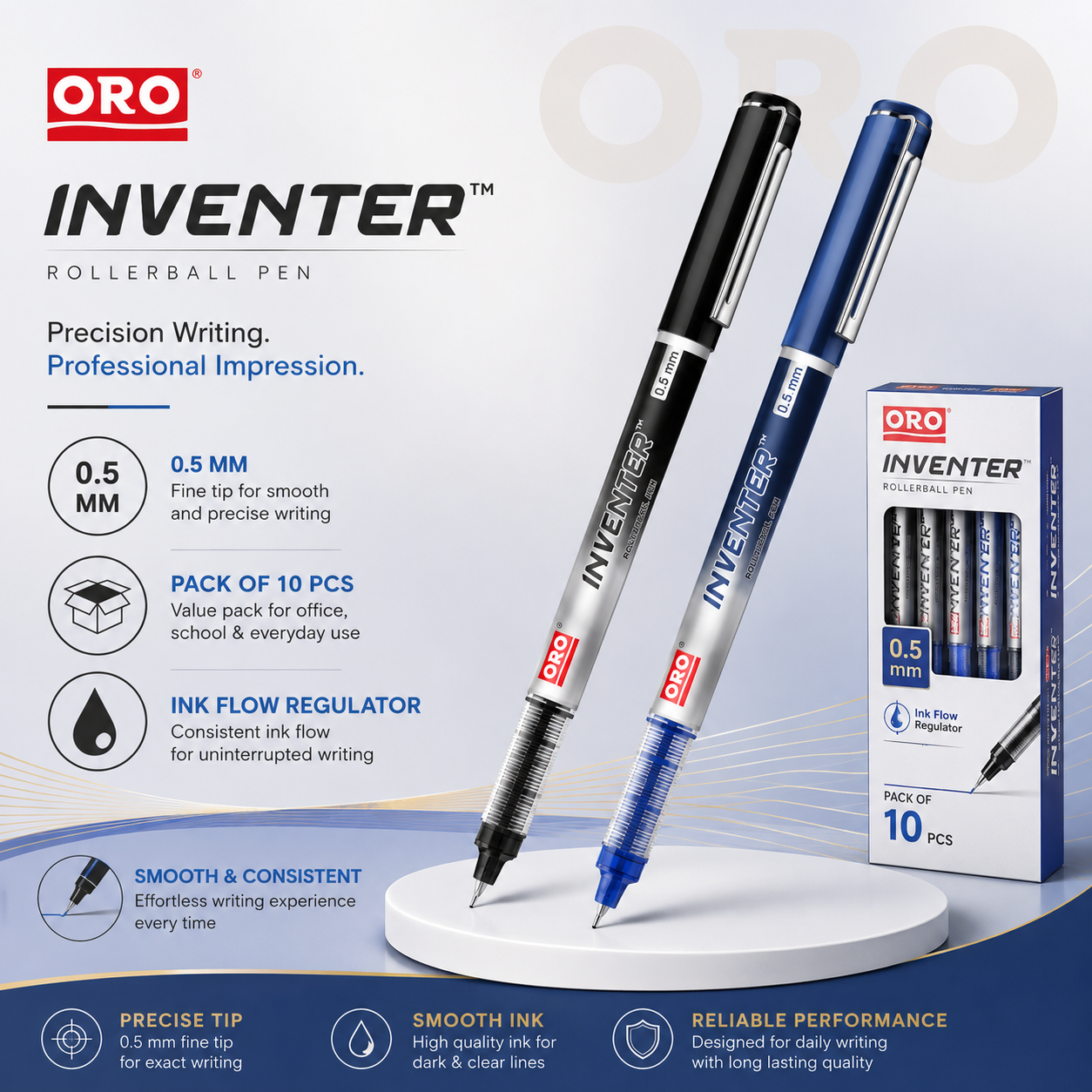 Oro Inventor Black & Blue Rollerball Pen | Premium Executive Writing Pen