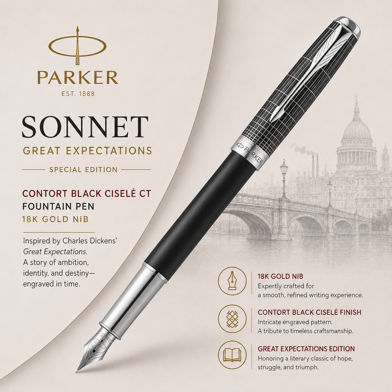 Parker Sonnet Great Expectations Special Edition Contort Black Ciselé CT Fountain Pen – 18K Gold Nib
