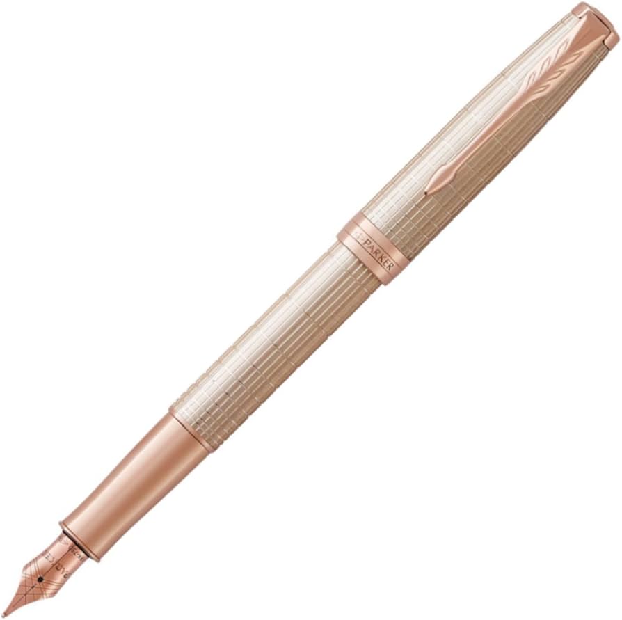 Parker Sonnet Fountain Pen | Chiselled Silver with Rose Gold Trim | Solid 18K Gold Nib