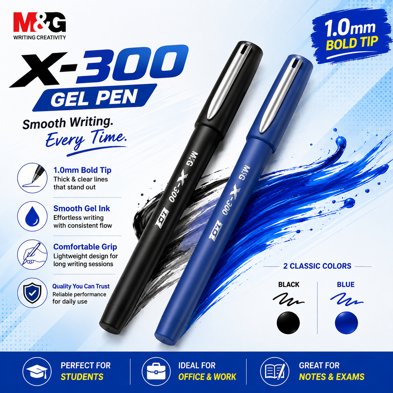 M&G Gel Pen X-300 – 1.0mm Bold Tip | Black & Blue Ink | Pack of 2 or 12