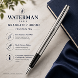 Waterman Graduate Chrome Fountain Pen – Fine Nib, Blue Ink