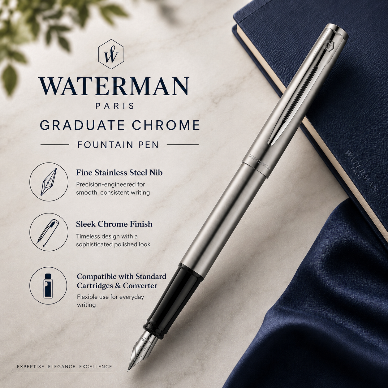 Waterman Graduate Chrome Fountain Pen – Fine Nib, Blue Ink