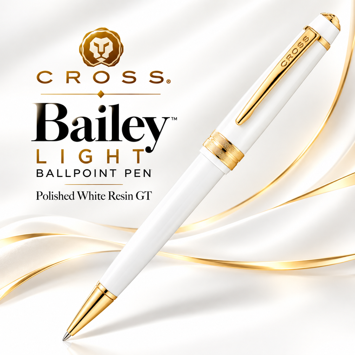 Cross Bailey Light Ballpoint Pen – Polished White Resin & Gold Plated Trim (Medium)