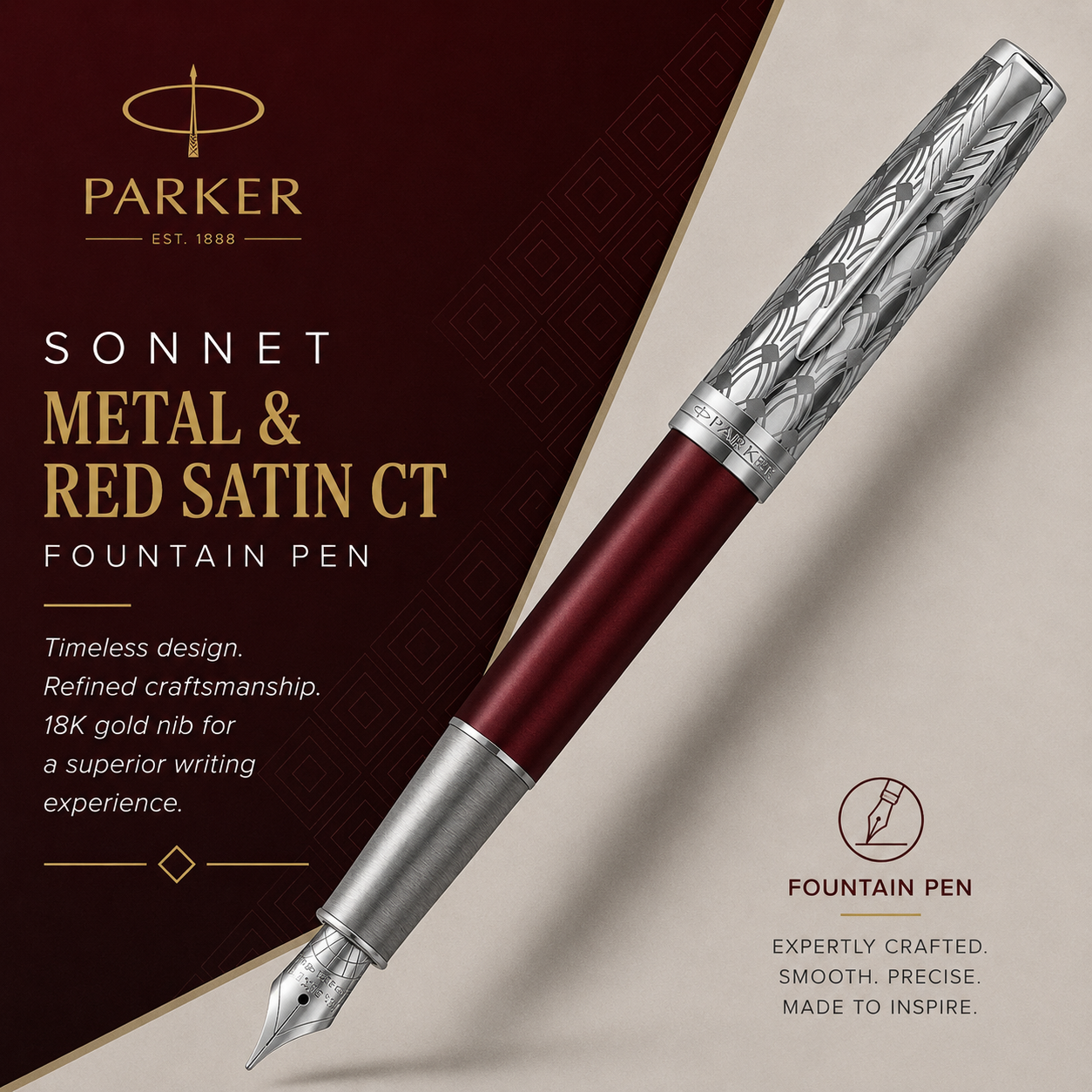 Parker Sonnet Fountain Pen – Metal & Red Satin CT (18K Gold Nib)